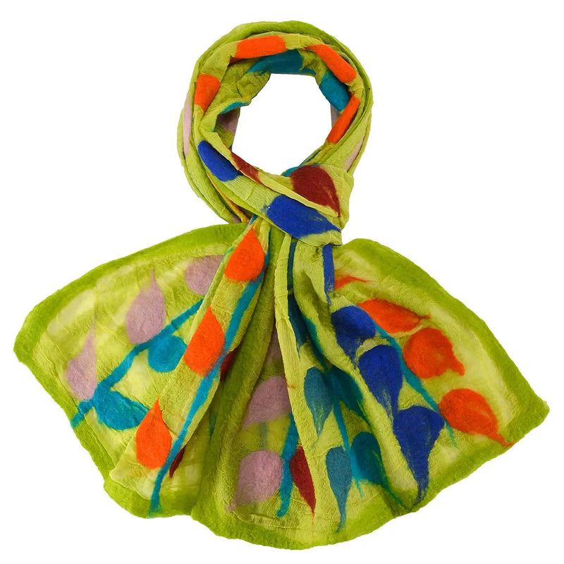 Green felted wool scarf with multicolored leaf motifs in blue, teal, orange, red, and pale pink.