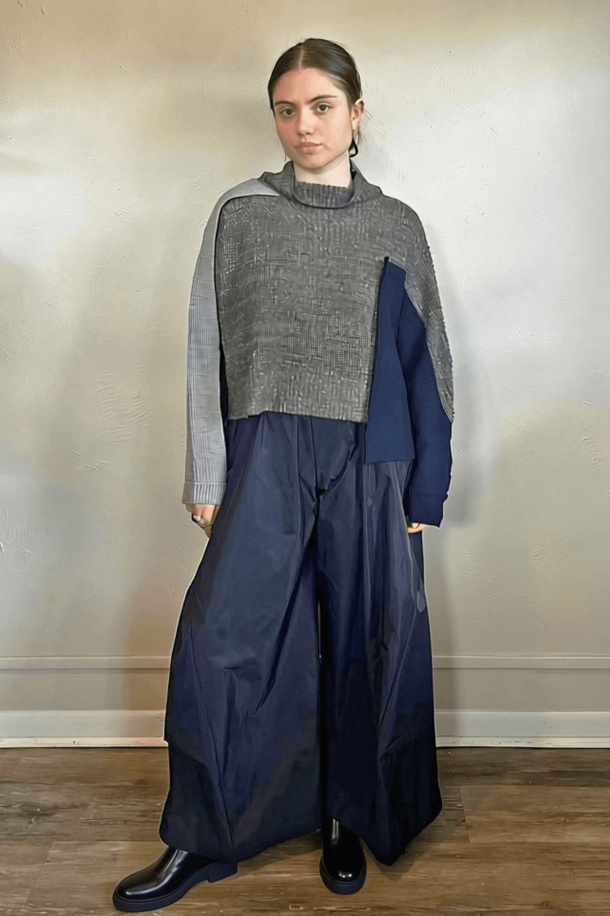 Moyuru 46332G Grey Combo pullover sweater with asymmetric grey and deep blue knit panels