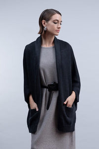 Haako H2054 oversized open-front cardigan in Charcoal with shawl collar and front patch pockets