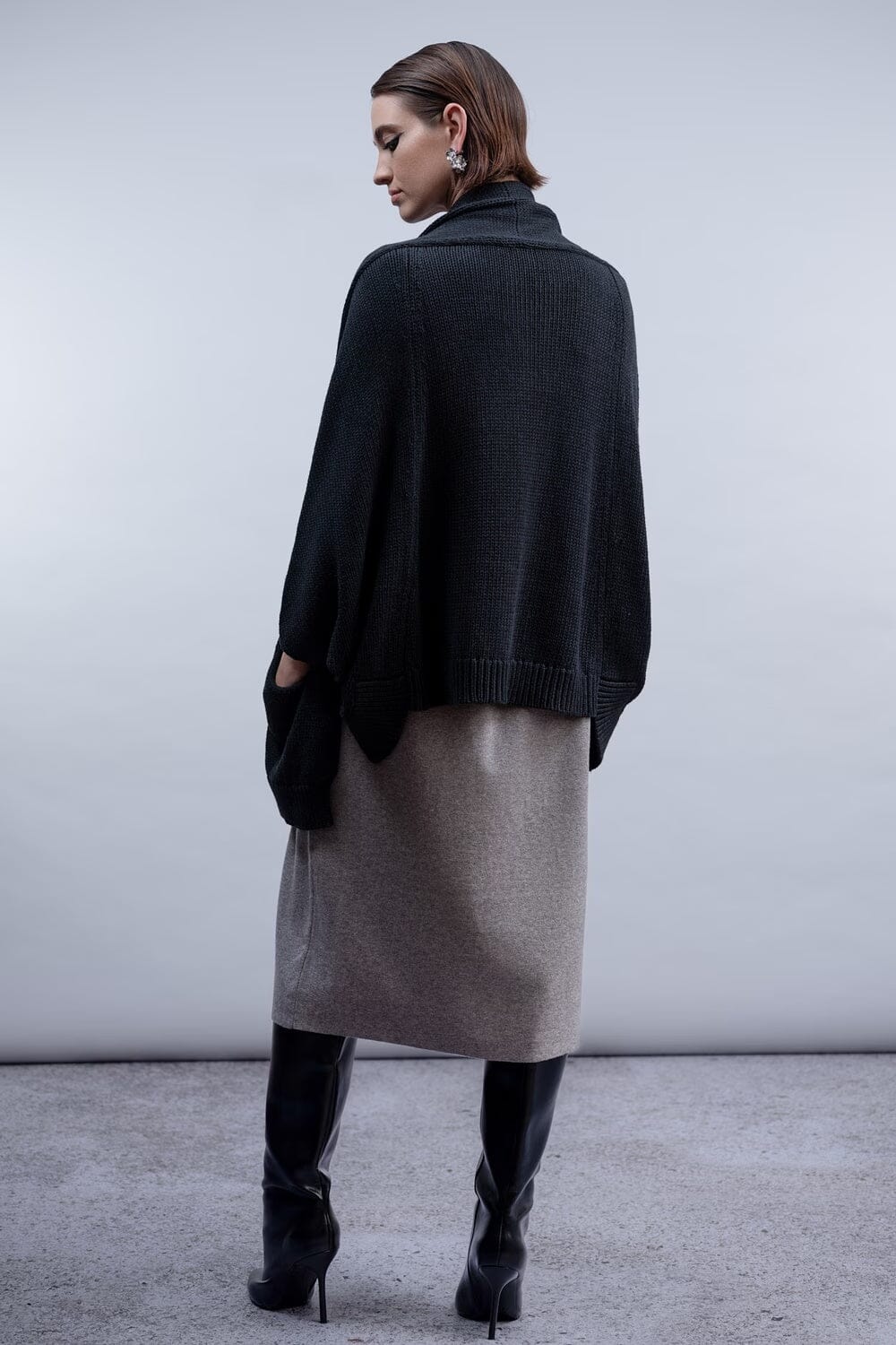 Haako H2054 oversized open-front cardigan in Charcoal with shawl collar and front patch pockets