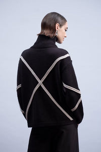 Haako H2032 black turtleneck sweater with raised light contrast looping knit trim