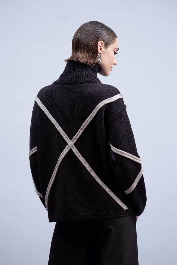 Haako H2032 black turtleneck sweater with raised light contrast looping knit trim