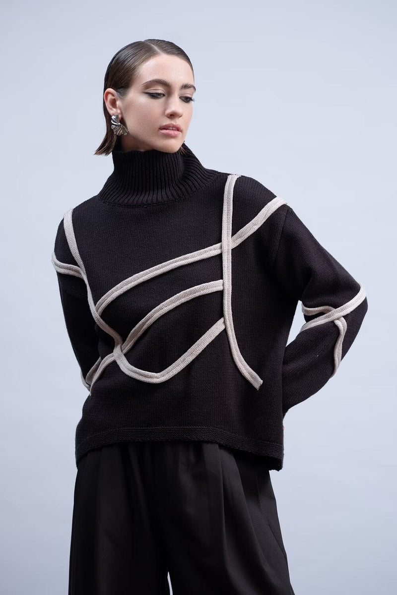 Haako H2032 black turtleneck sweater with raised light contrast looping knit trim