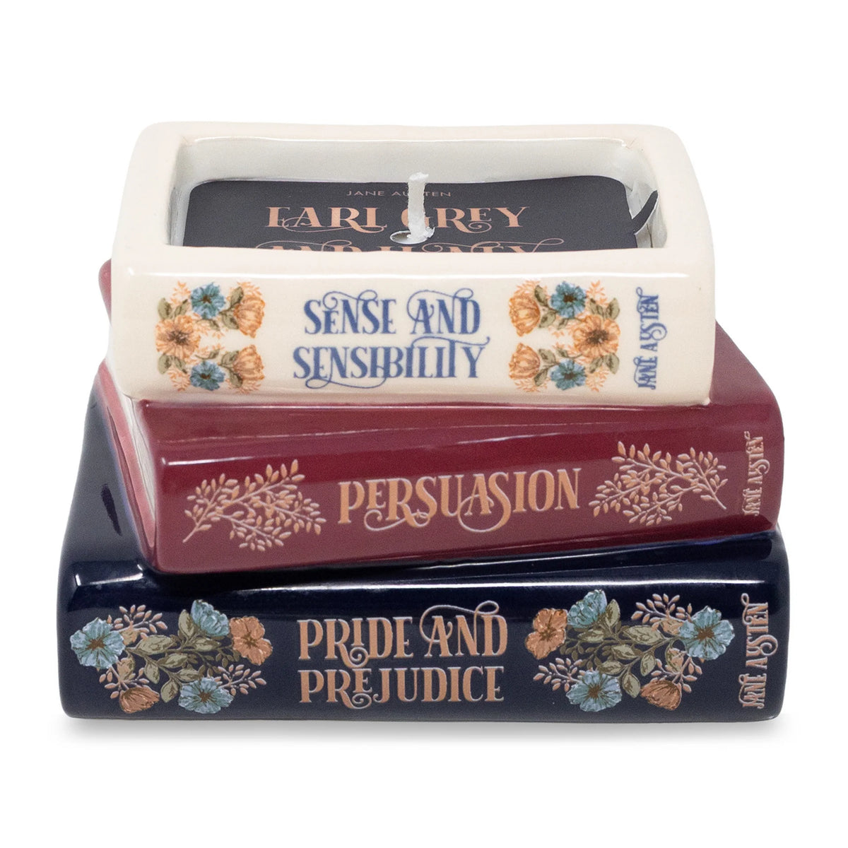 Steel Mill & Co. Jane Austen Bookstack Candle featuring Sense and Sensibility, Persuasion, and Pride and Prejudice in a ceramic book stack