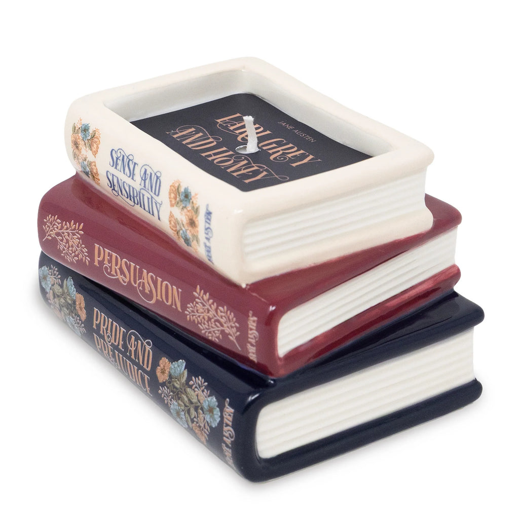 Steel Mill & Co. Jane Austen Bookstack Candle featuring Sense and Sensibility, Persuasion, and Pride and Prejudice in a ceramic book stack