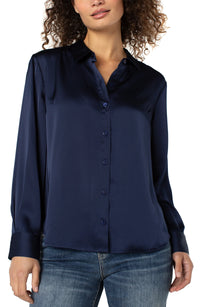 Long Sleeve Button Front Blouse (Navy)