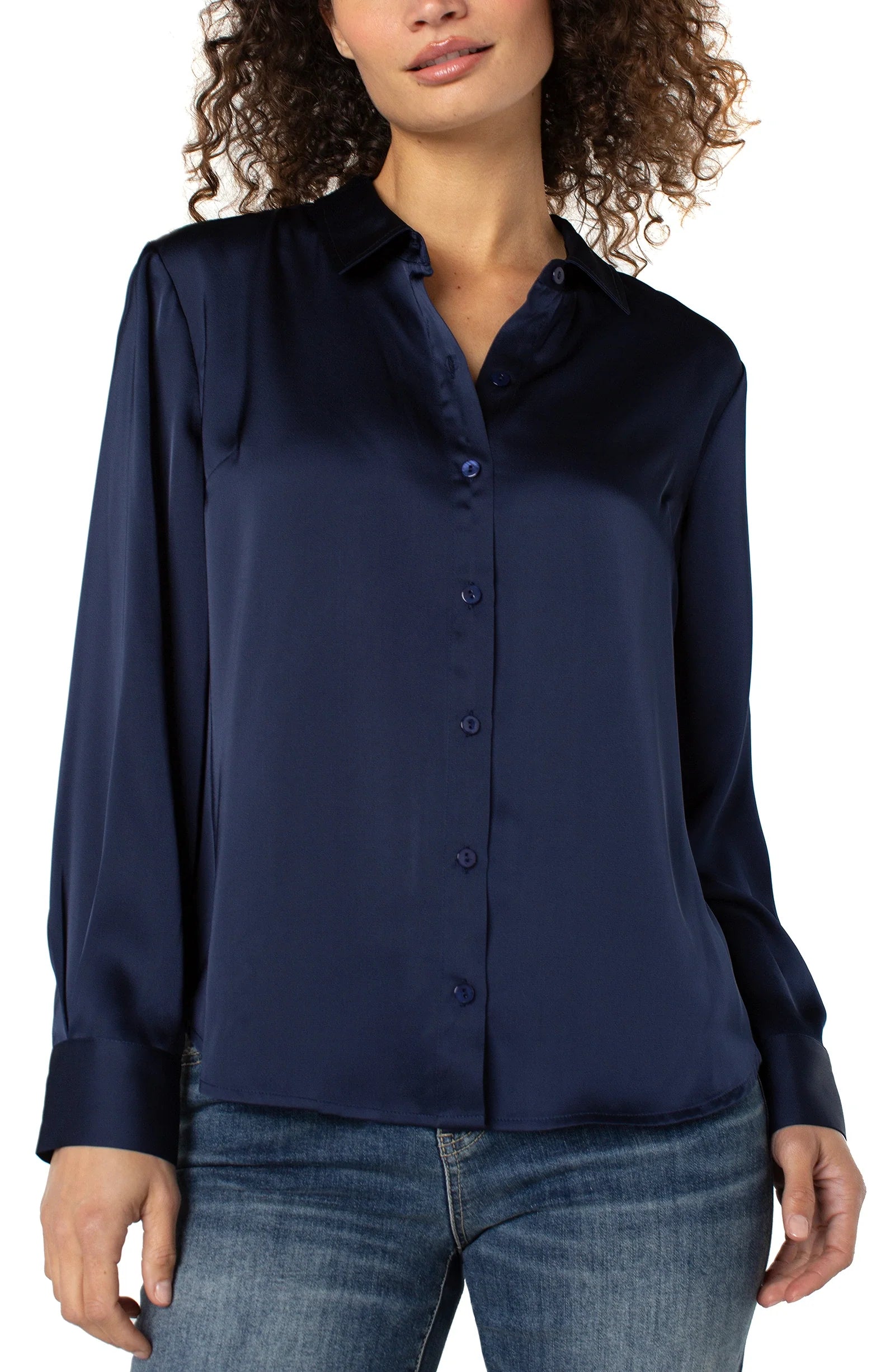 Long Sleeve Button Front Blouse (Navy)