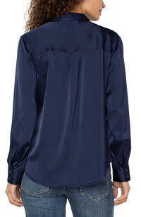 Long Sleeve Button Front Blouse (Navy)