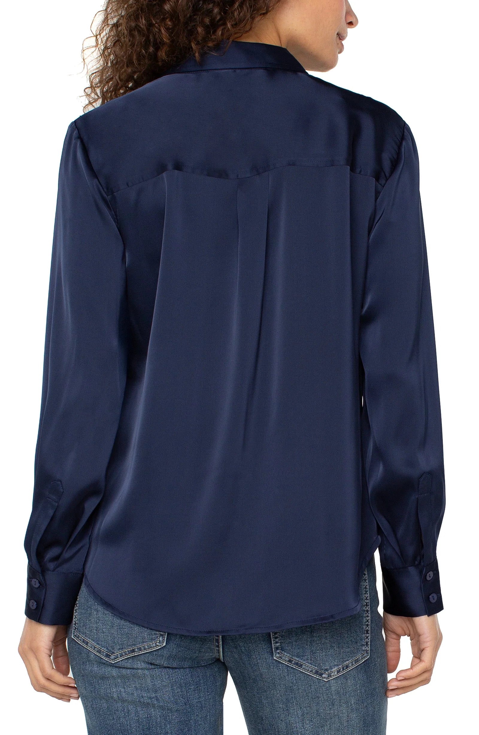 Long Sleeve Button Front Blouse (Navy)