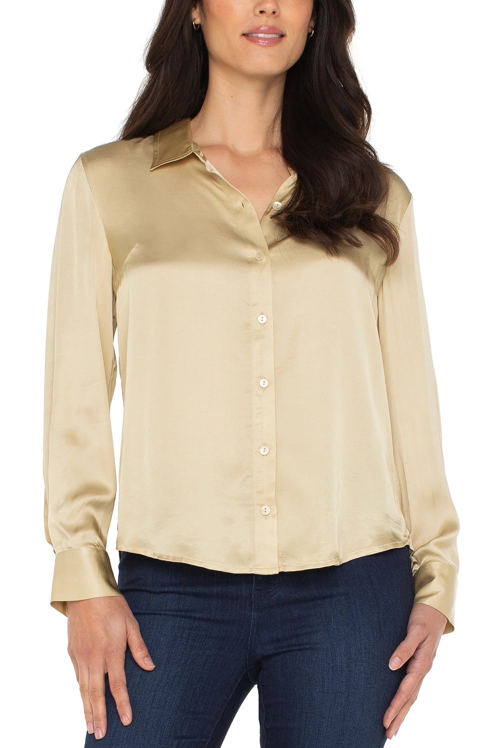 Long Sleeve Button-Front Bouse (Pale Gold)