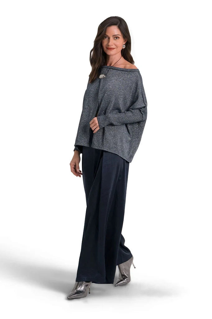 Planet 311KR Reversible Lurex Sweater in Midnight/Silver, reversible shimmering knit with crossover opening, including Boutique W styling photo
