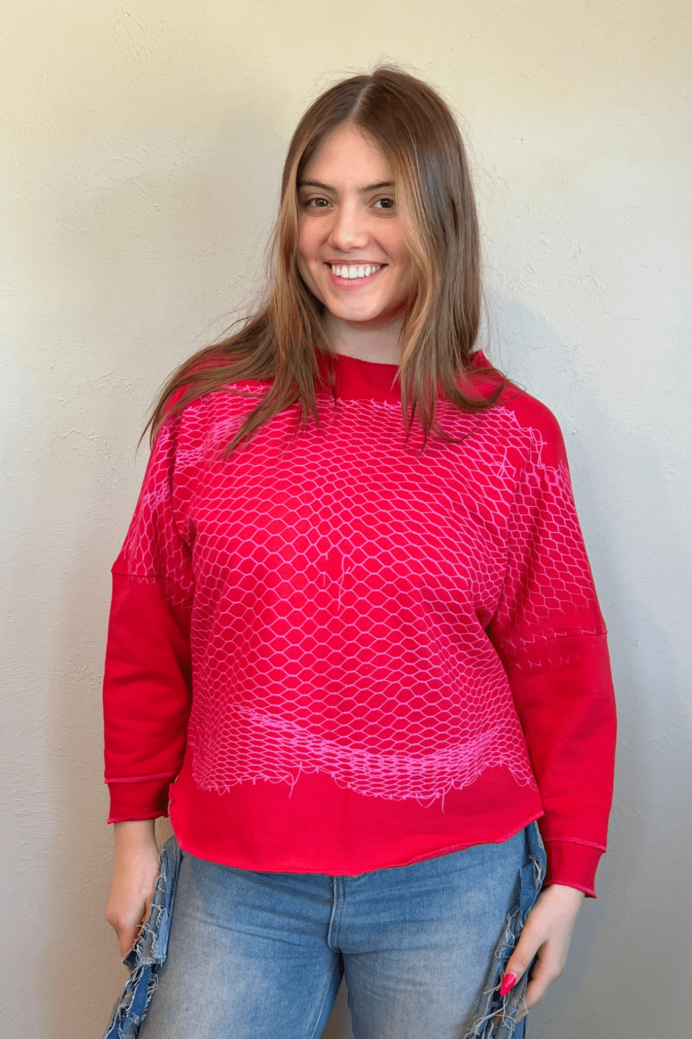 Red & Pink Meshprint Pullover