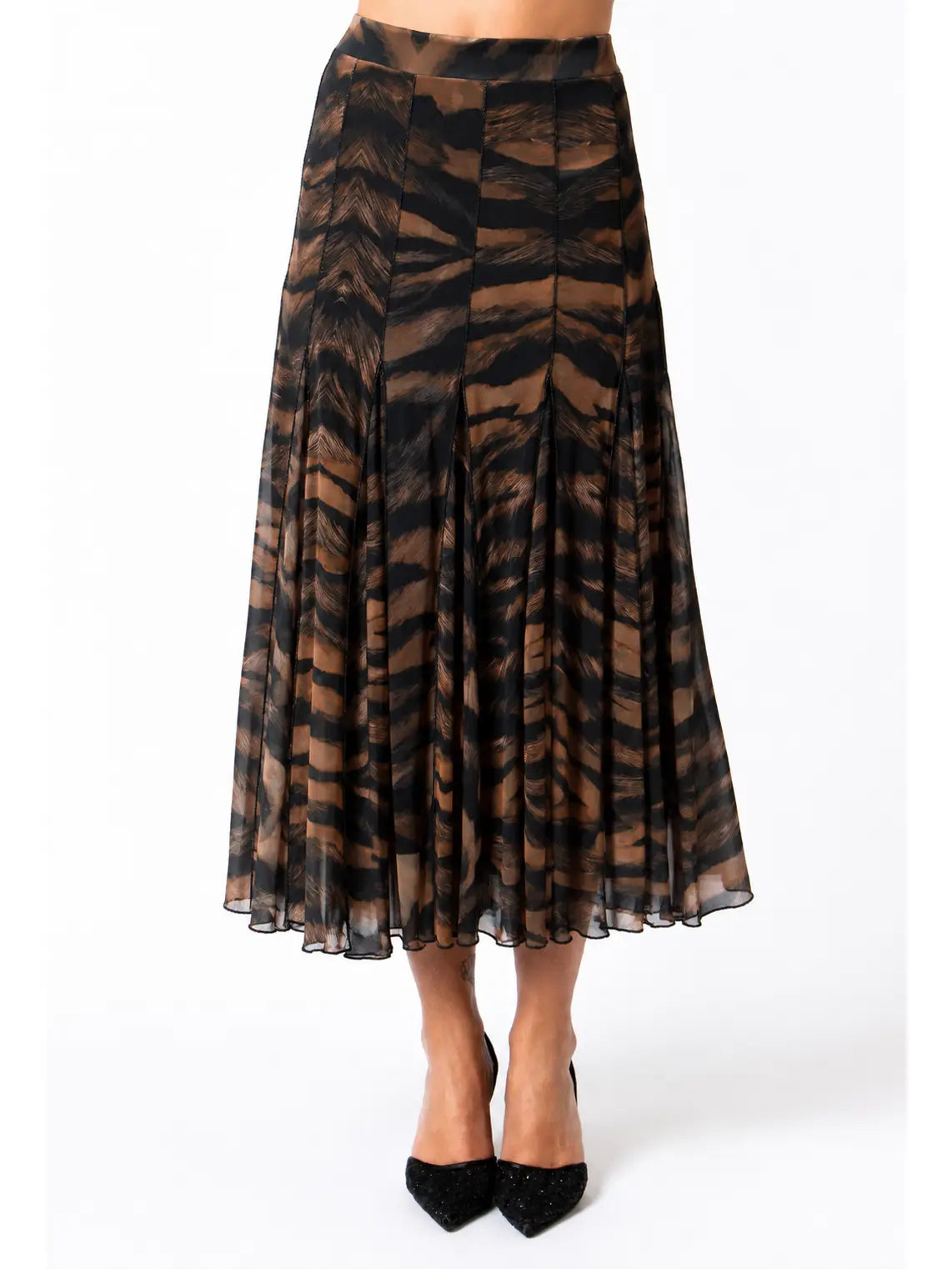 Elana Kattan Safari Midi Fit and Flared Skirt in Black and Brown animal print, front view