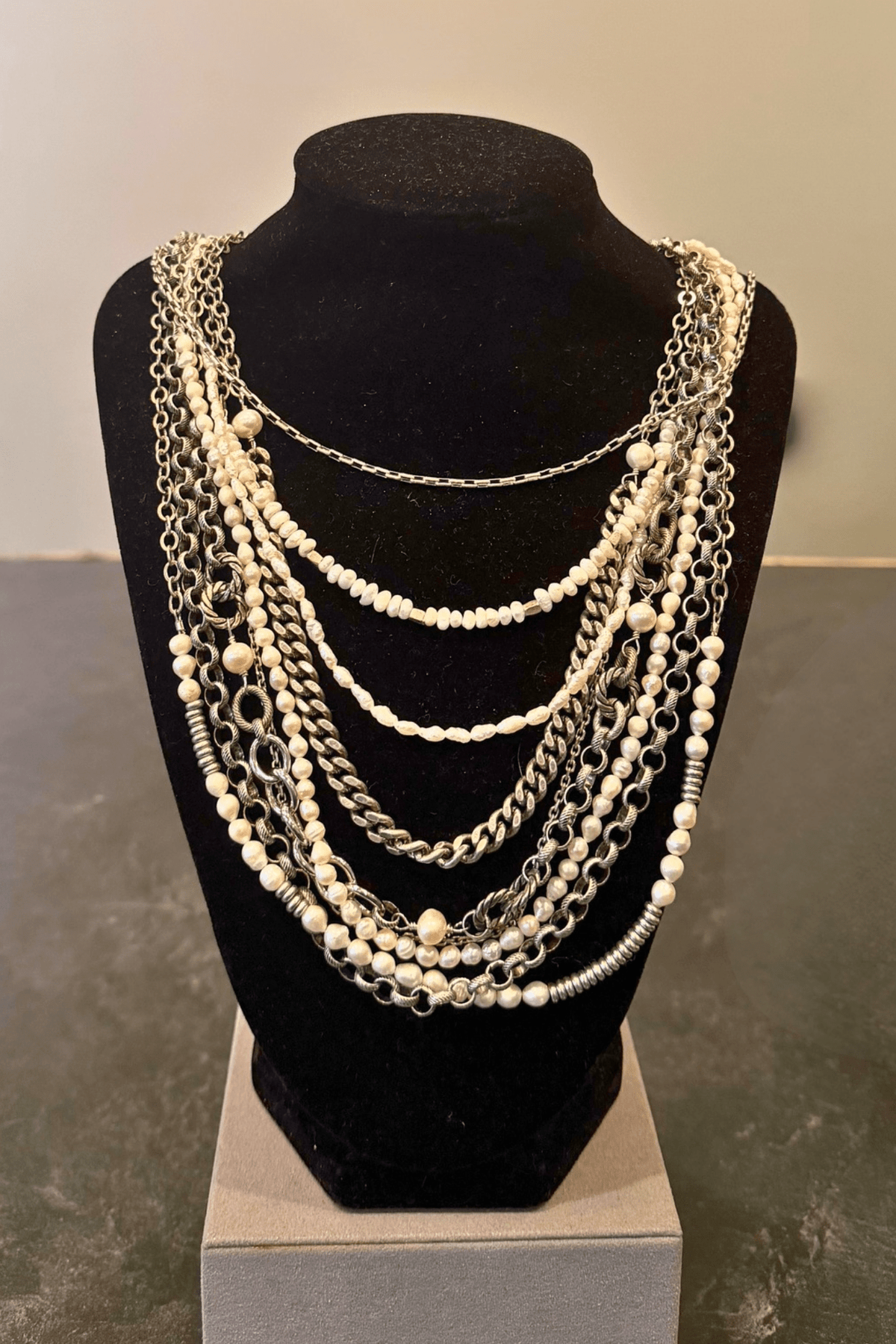Mya Lambrecht Multi Chain W/Pearls Necklace, layered mixed-metal chains with cream pearls, exclusive to Boutique W this season