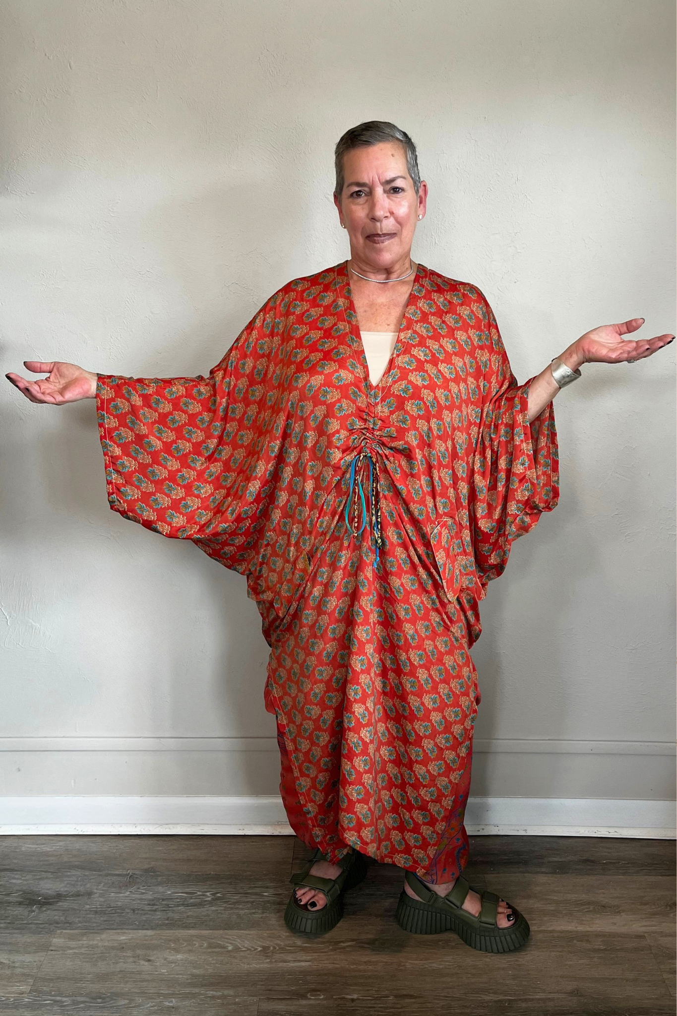 Kantha Bae Moondance Muu in assorted sari-inspired prints, shown on a model and hanging