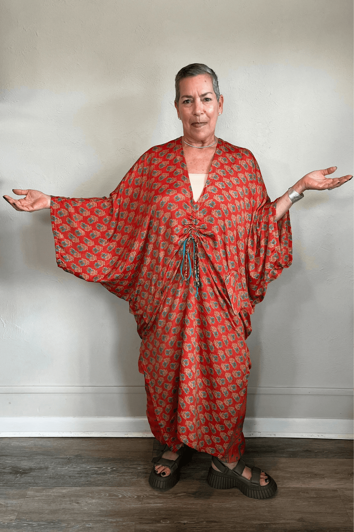 Kantha Bae Moondance Muu in assorted sari-inspired prints, shown on a model and hanging