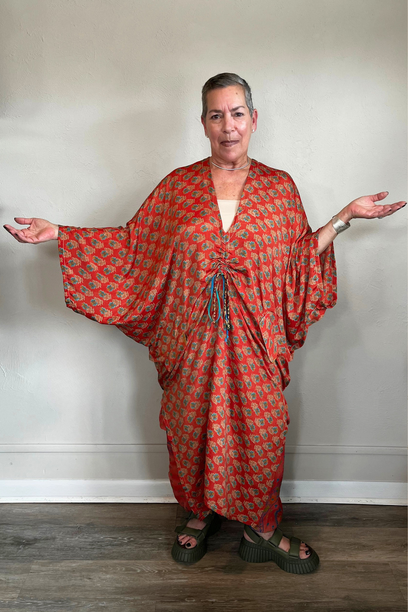 Kantha Bae Moondance Muu in assorted sari-inspired prints, shown on a model and hanging