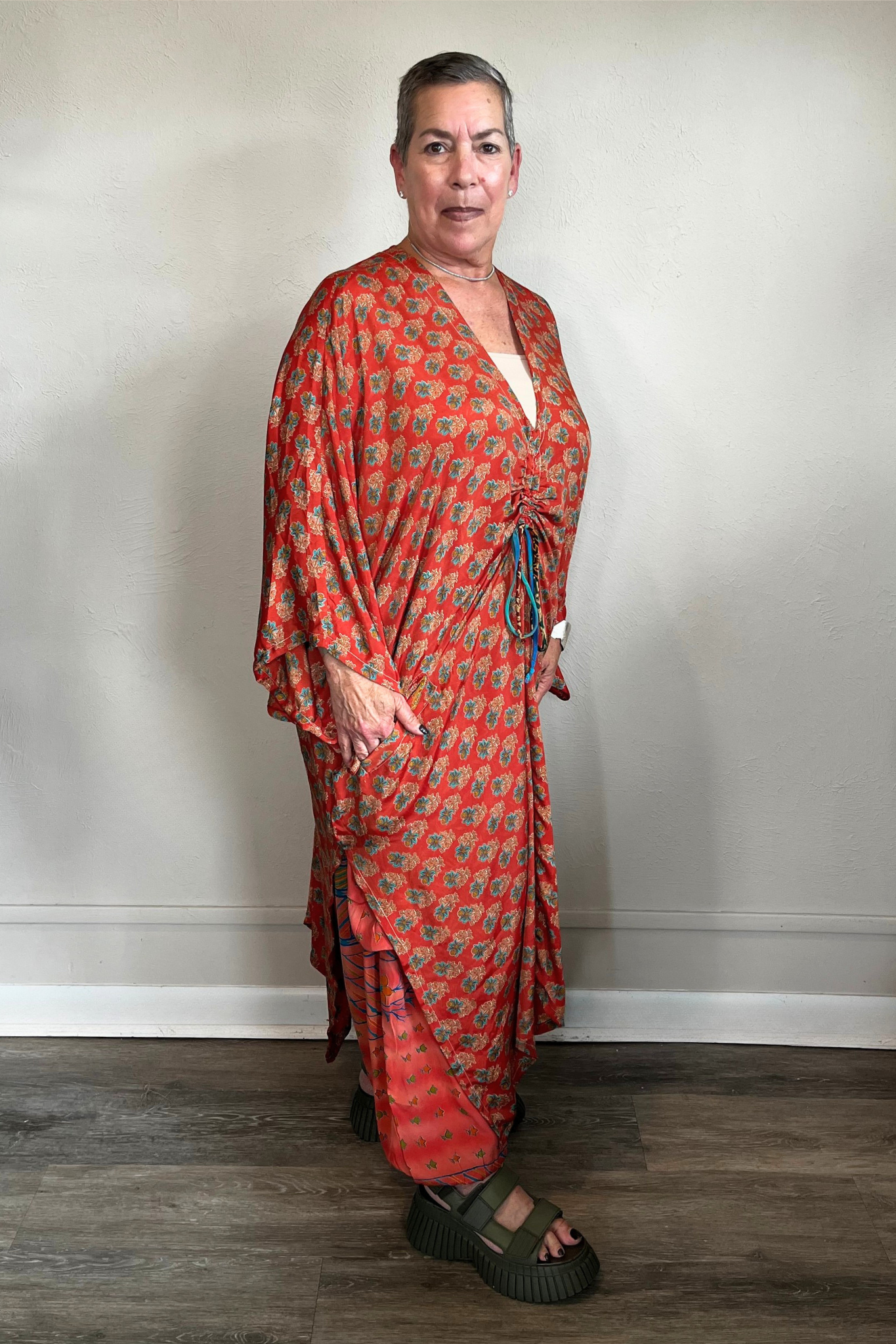 Kantha Bae Moondance Muu in assorted sari-inspired prints, shown on a model and hanging