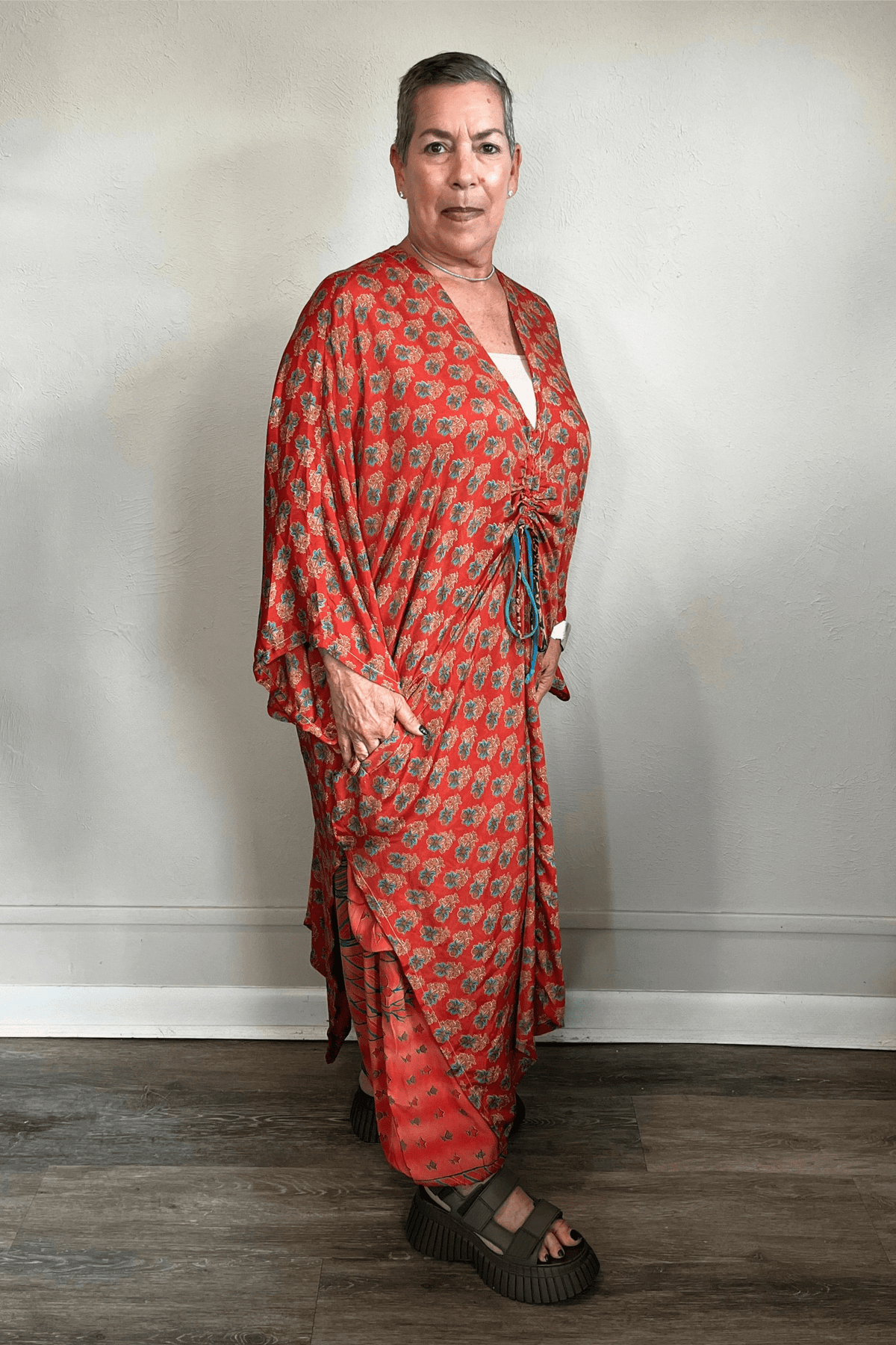 Kantha Bae Moondance Muu in assorted sari-inspired prints, shown on a model and hanging