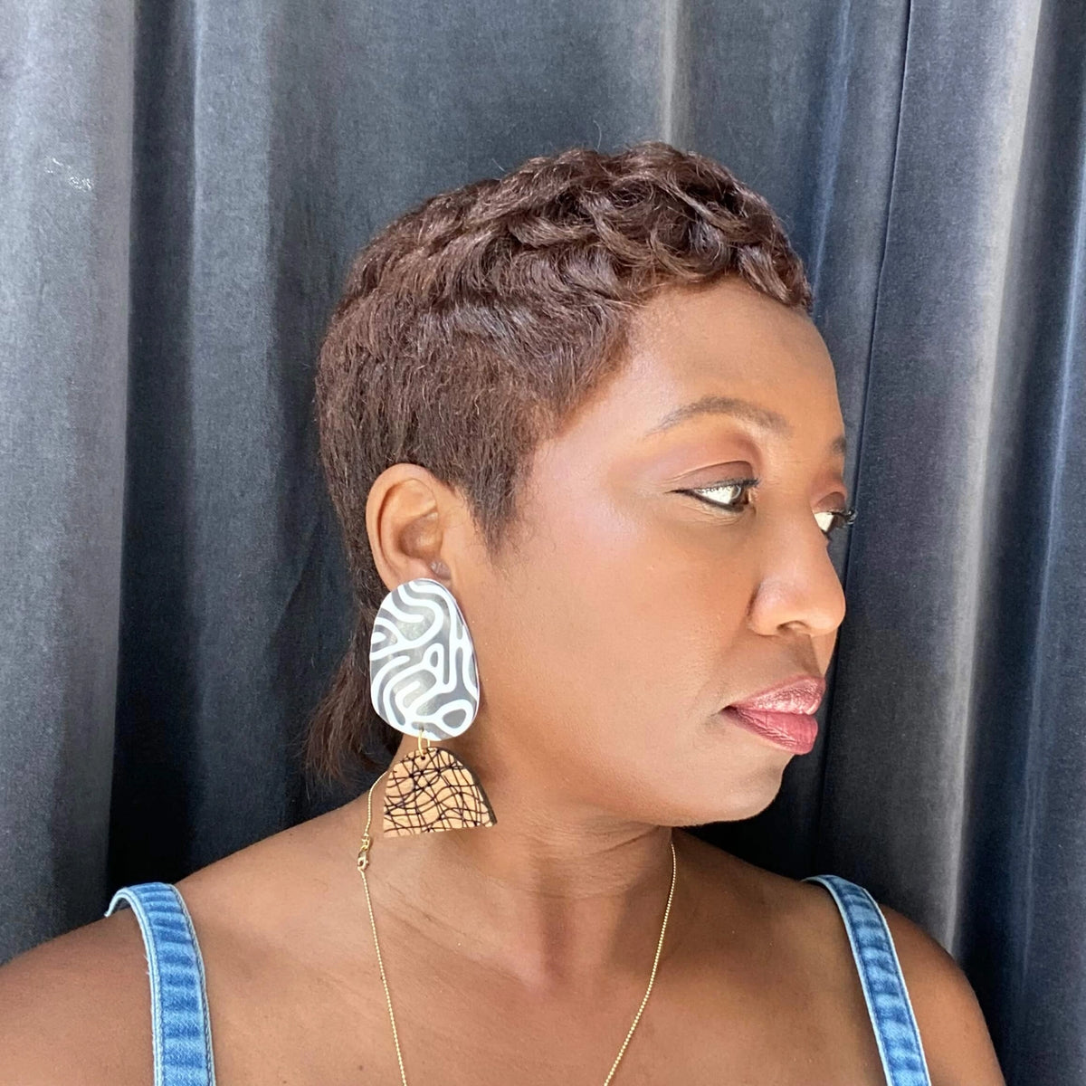 Black And White Nexus Earrings by xoxo,bijou with abstract patterns and natural wood tones