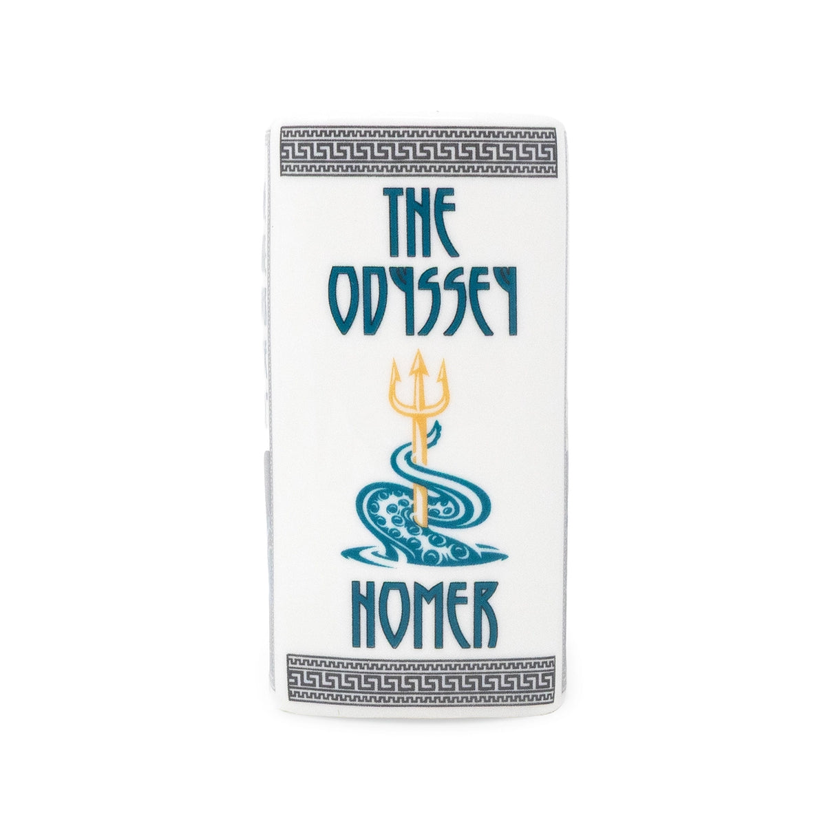 Steel Mill & Co. The Odyssey Book Candle in decorative ceramic book-shaped vessel, showing artwork, sides, and lit candle