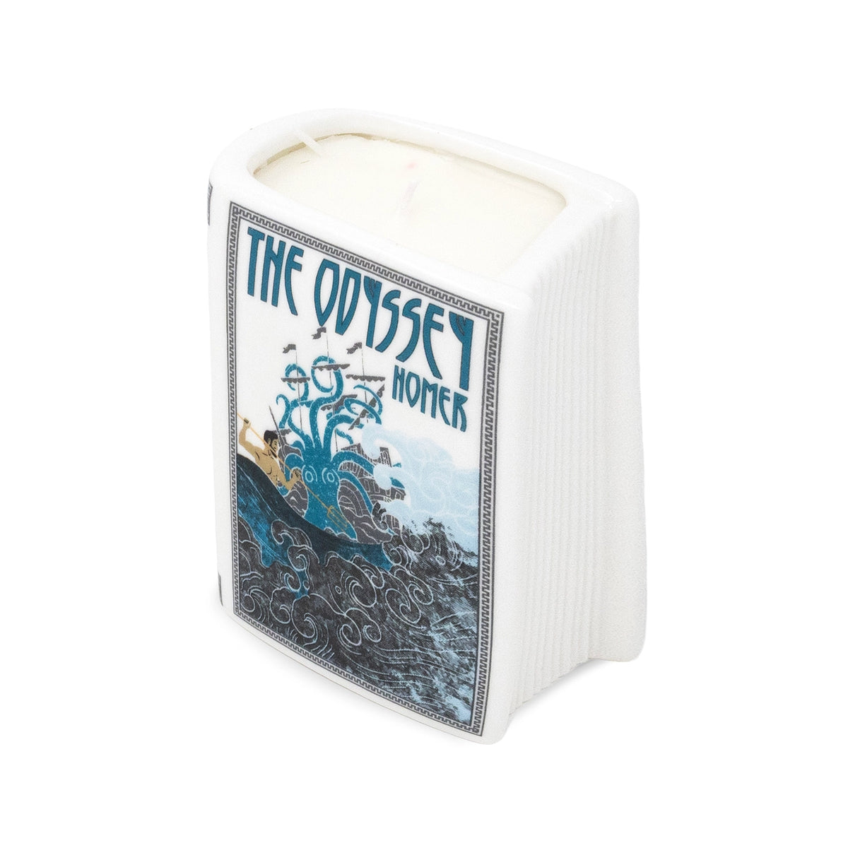 Steel Mill & Co. The Odyssey Book Candle in decorative ceramic book-shaped vessel, showing artwork, sides, and lit candle