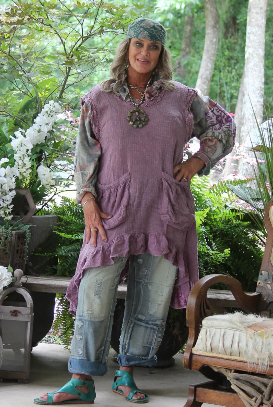 Jaded Gypsy Denim Peace And Love Jeans with distressed patchwork details, faded blue wash, embroidered back design, and rolled cuffs