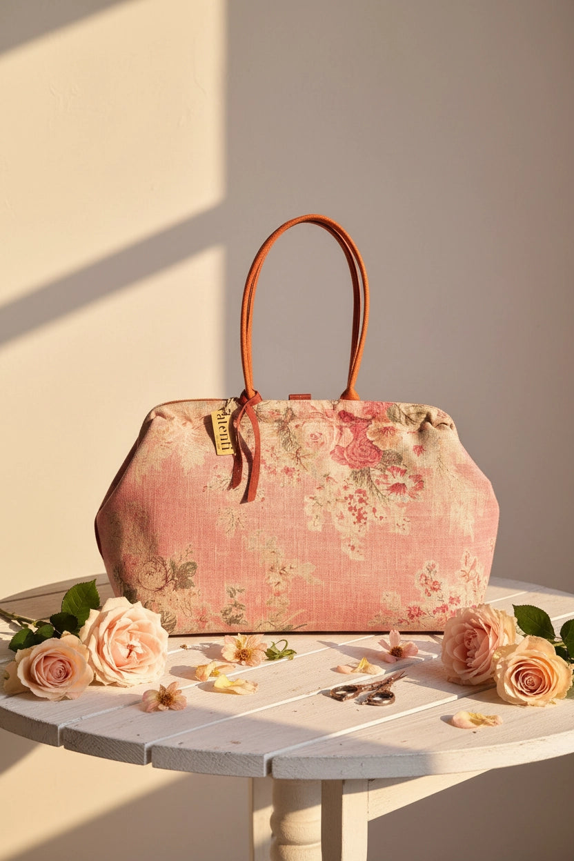 Atenti Rosewood Pioneer handbag with faded rose print, caramel double handles and piping, and contrasting caramel base with metal feet