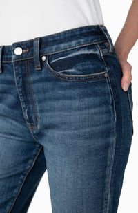 Liverpool Rowan slim jeans in a medium-to-dark blue wash with soft fading and whiskering, five-pocket styling, and a slim straight leg.