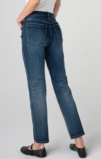 Liverpool Rowan slim jeans in a medium-to-dark blue wash with soft fading and whiskering, five-pocket styling, and a slim straight leg.