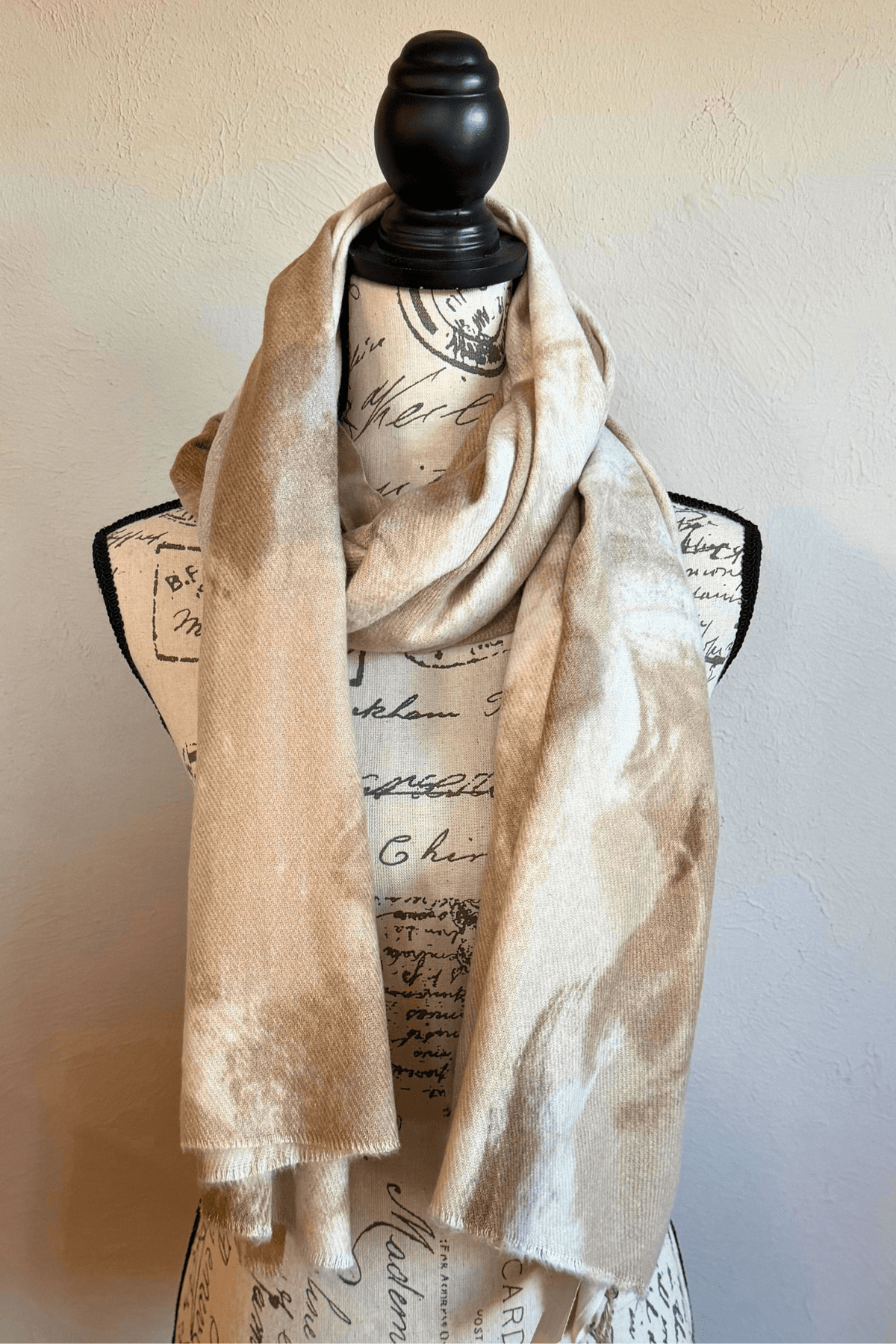 Sanctamuerte S413 Scarf with abstract watercolor print, styled in two draped looks