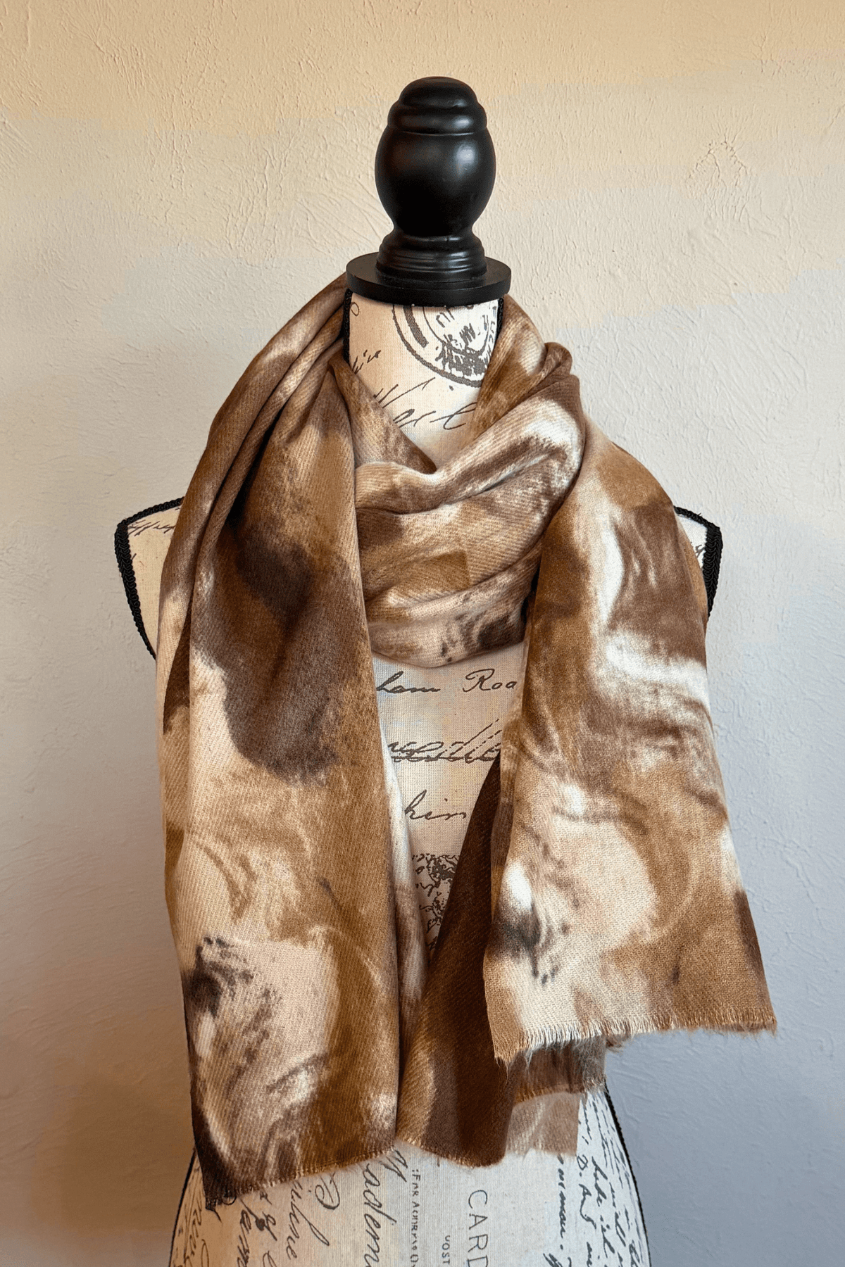 Sanctamuerte S413 Scarf with abstract watercolor print, styled in two draped looks