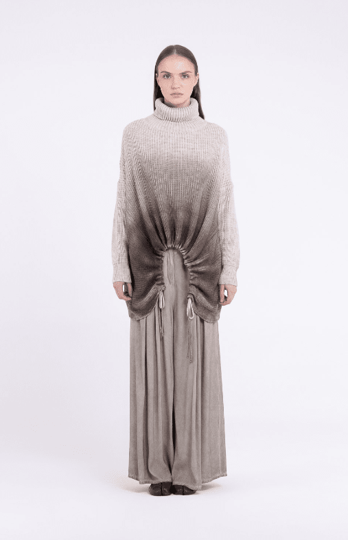 Sanctamuerte S394 Top in Grey Ombré, front, side and back views showing adjustable ruched hem