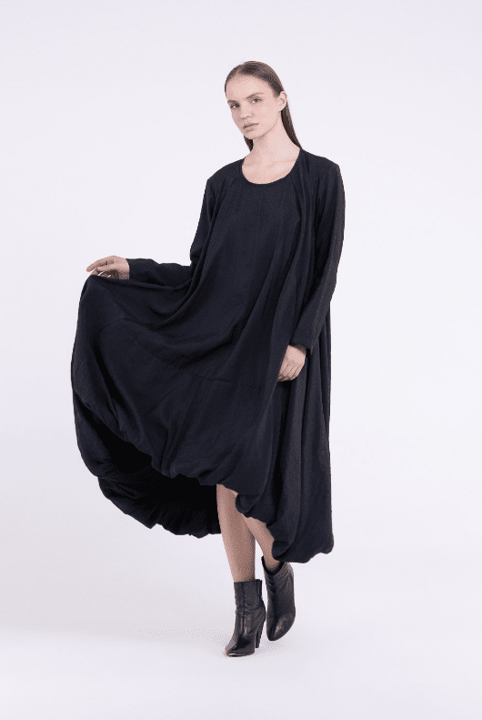 Sanctamuerte S403 Dress in black with dramatic balloon hem, front, side and back views