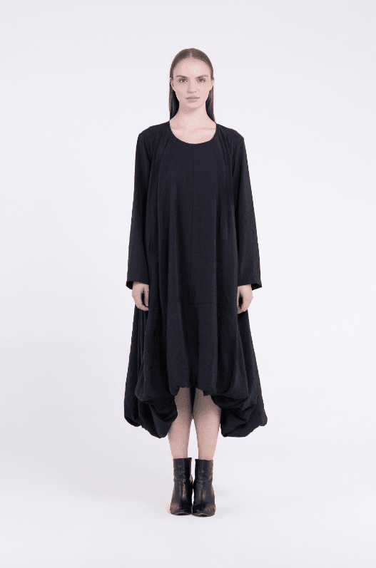 Sanctamuerte S403 Dress in black with dramatic balloon hem, front, side and back views