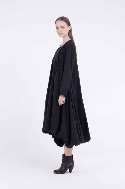 Sanctamuerte S403 Dress in black with dramatic balloon hem, front, side and back views