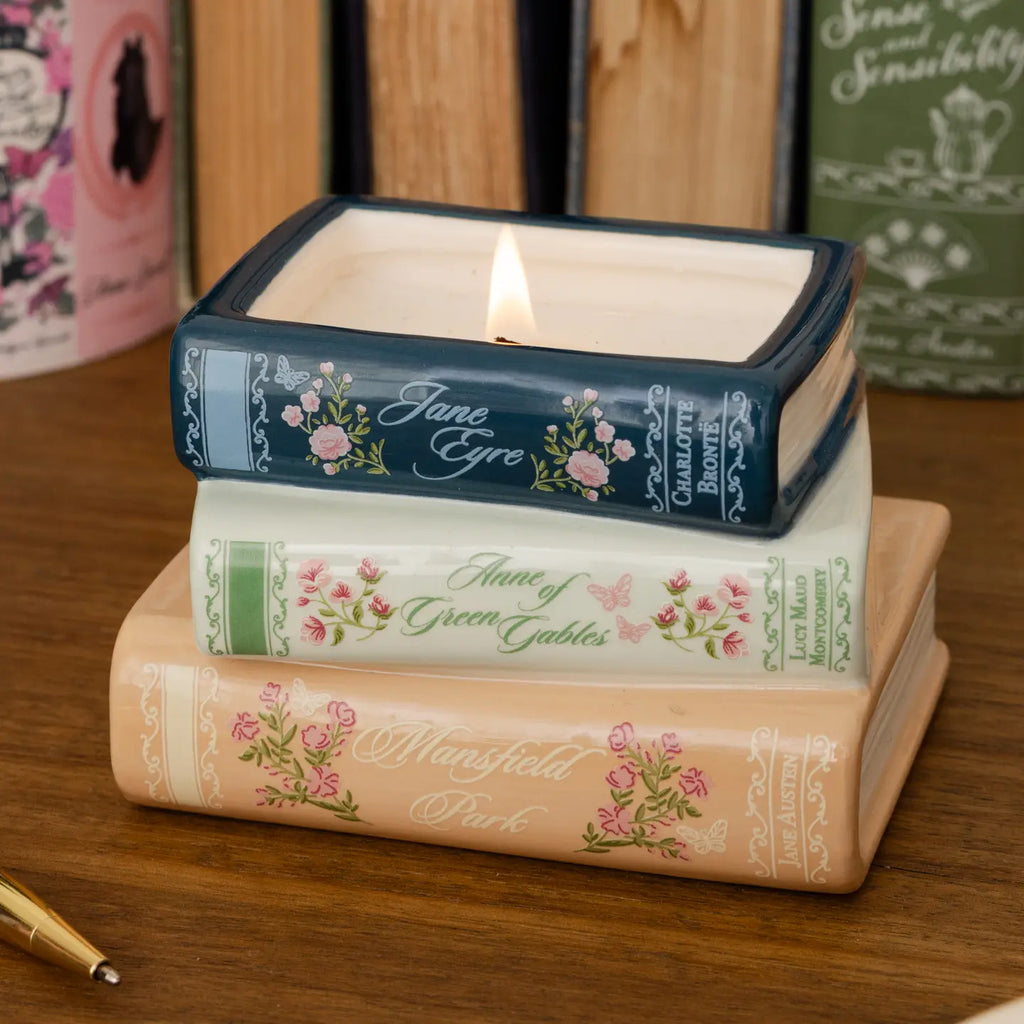 Steel Mill & Co. Ladies of Literature Stacked Books Candle featuring Jane Eyre, Anne of Green Gables, and Mansfield Park