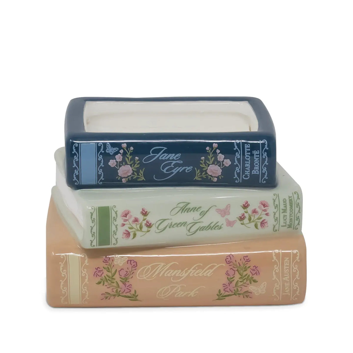 Steel Mill & Co. Ladies of Literature Stacked Books Candle featuring Jane Eyre, Anne of Green Gables, and Mansfield Park