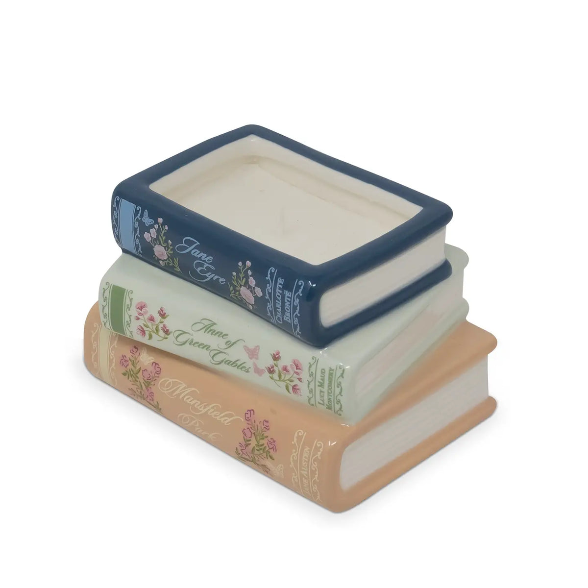 Steel Mill & Co. Ladies of Literature Stacked Books Candle featuring Jane Eyre, Anne of Green Gables, and Mansfield Park