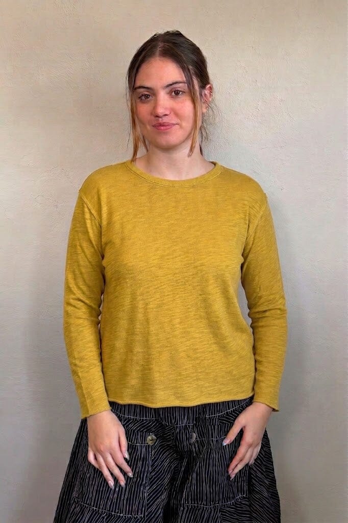 North Star Base by gertie 1547 Tee Shirt, a relaxed waist-length long-sleeve slub-knit tee with a round crew neckline, shown in Nimbus and Mustard.