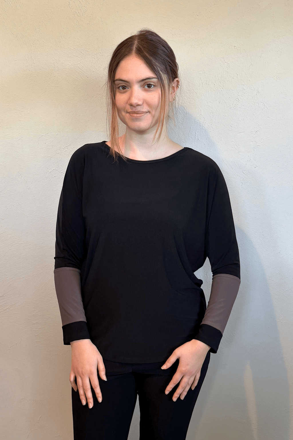 Kozan Tessa Top in Black and Grey, front and back views