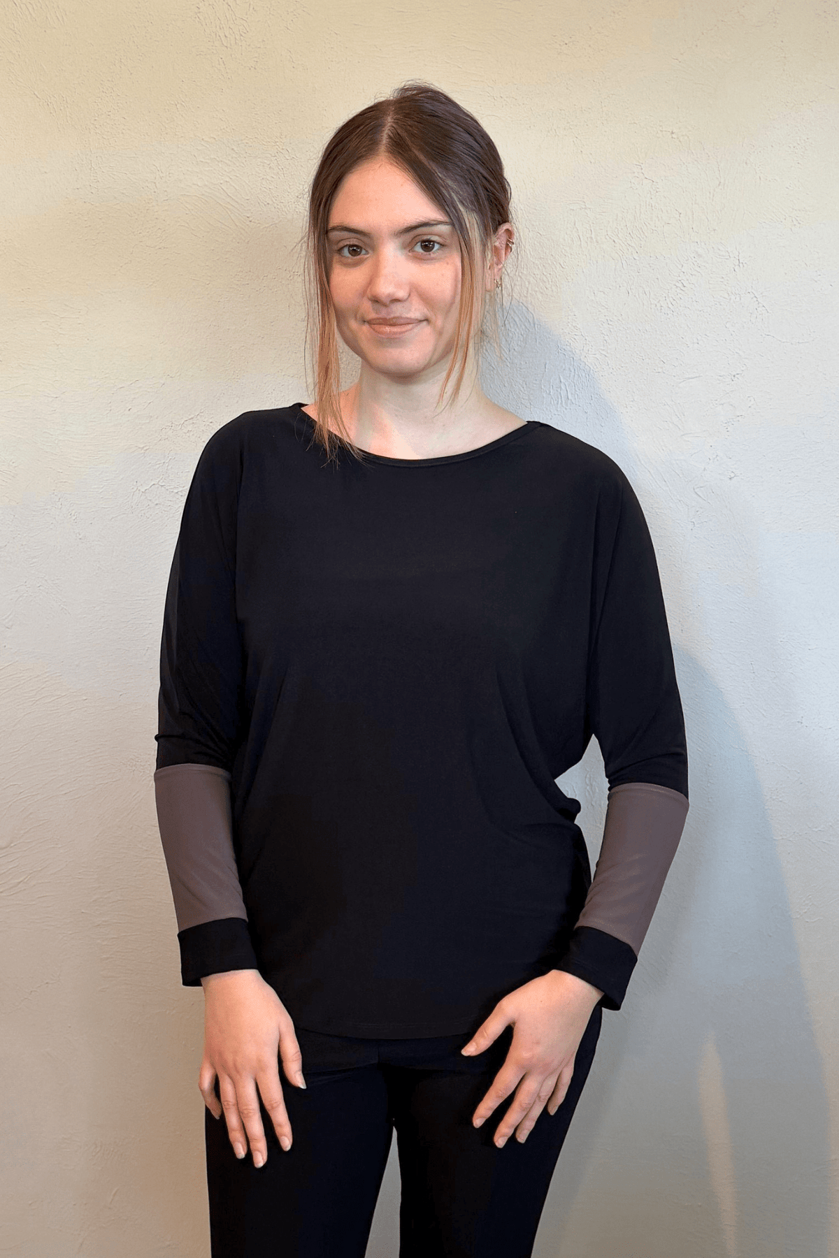 Kozan Tessa Top in Black and Grey, front and back views