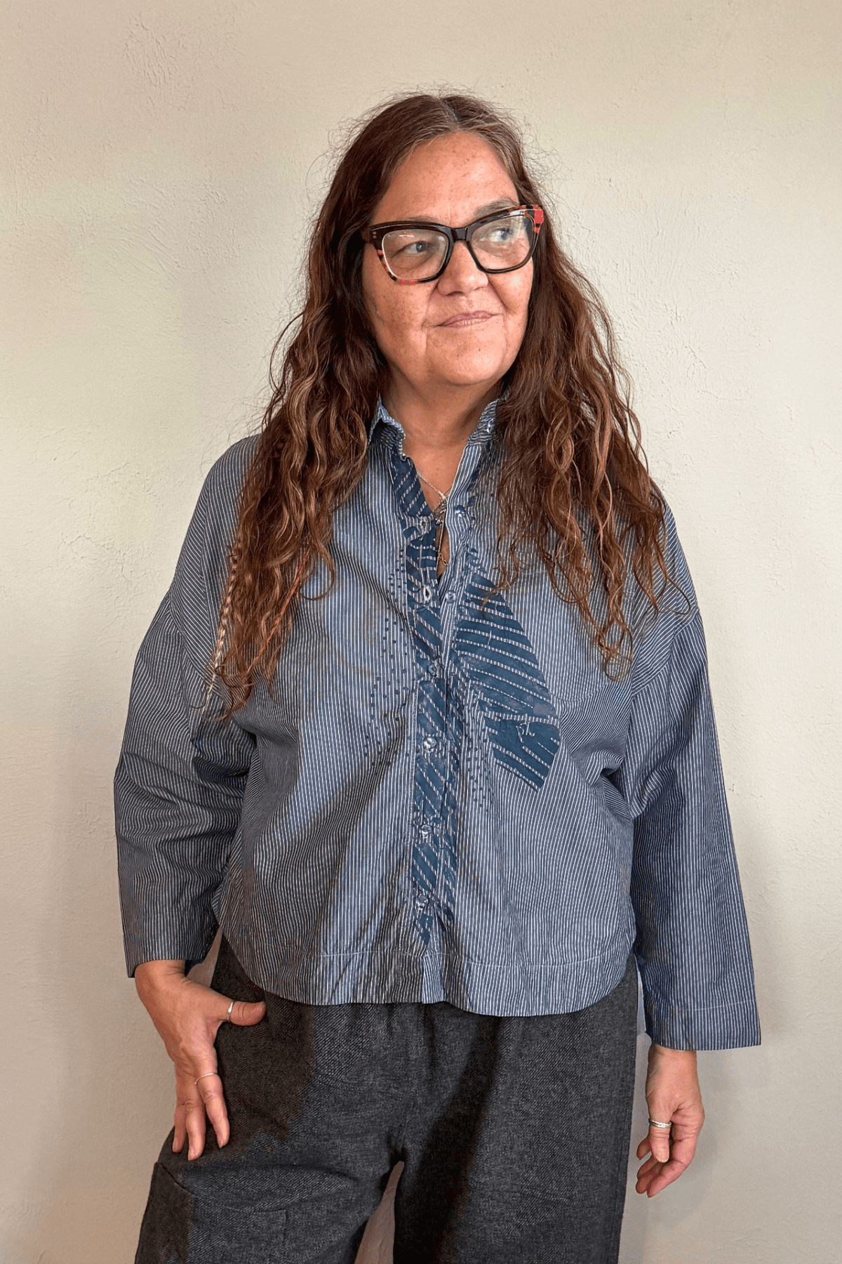 Paper Temples Printed Necktie Shirt in charcoal and ivory pinstripes, showing front necktie graphic and back
