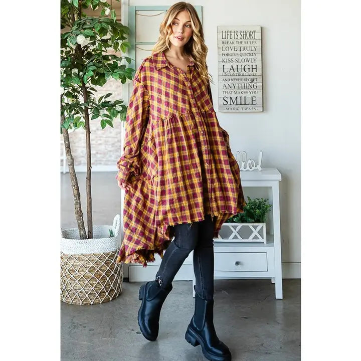 Tiered Ruffle Back Plaid Tunic
