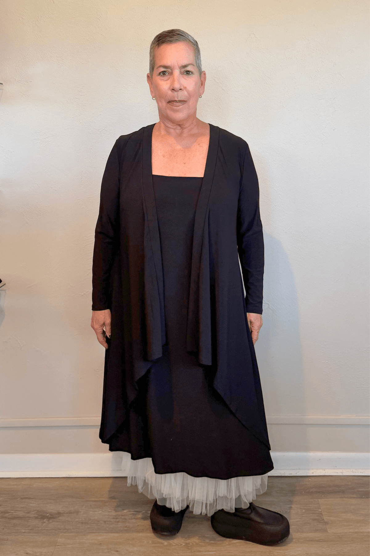 Kozan Long Tiffany Cardigan in Black, front, side and back views