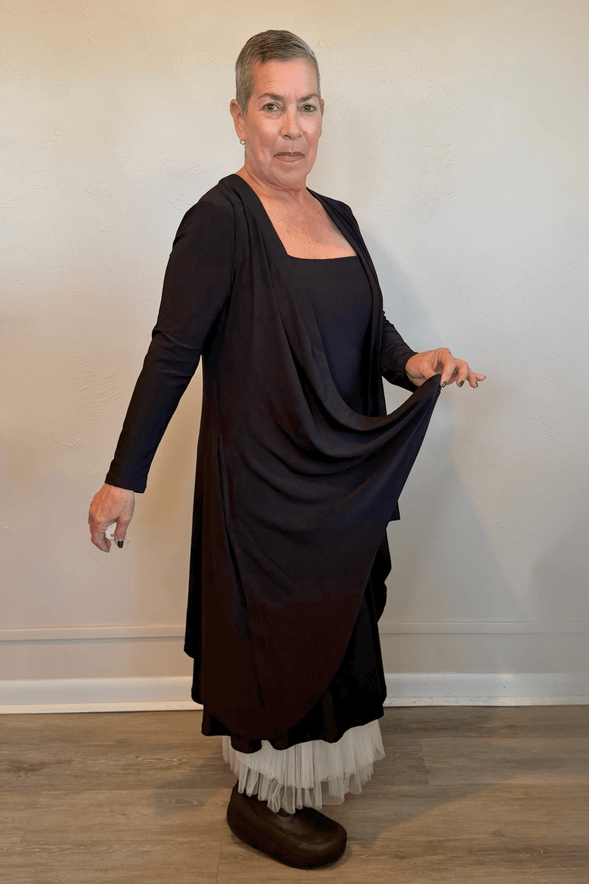 Kozan Long Tiffany Cardigan in Black, front, side and back views