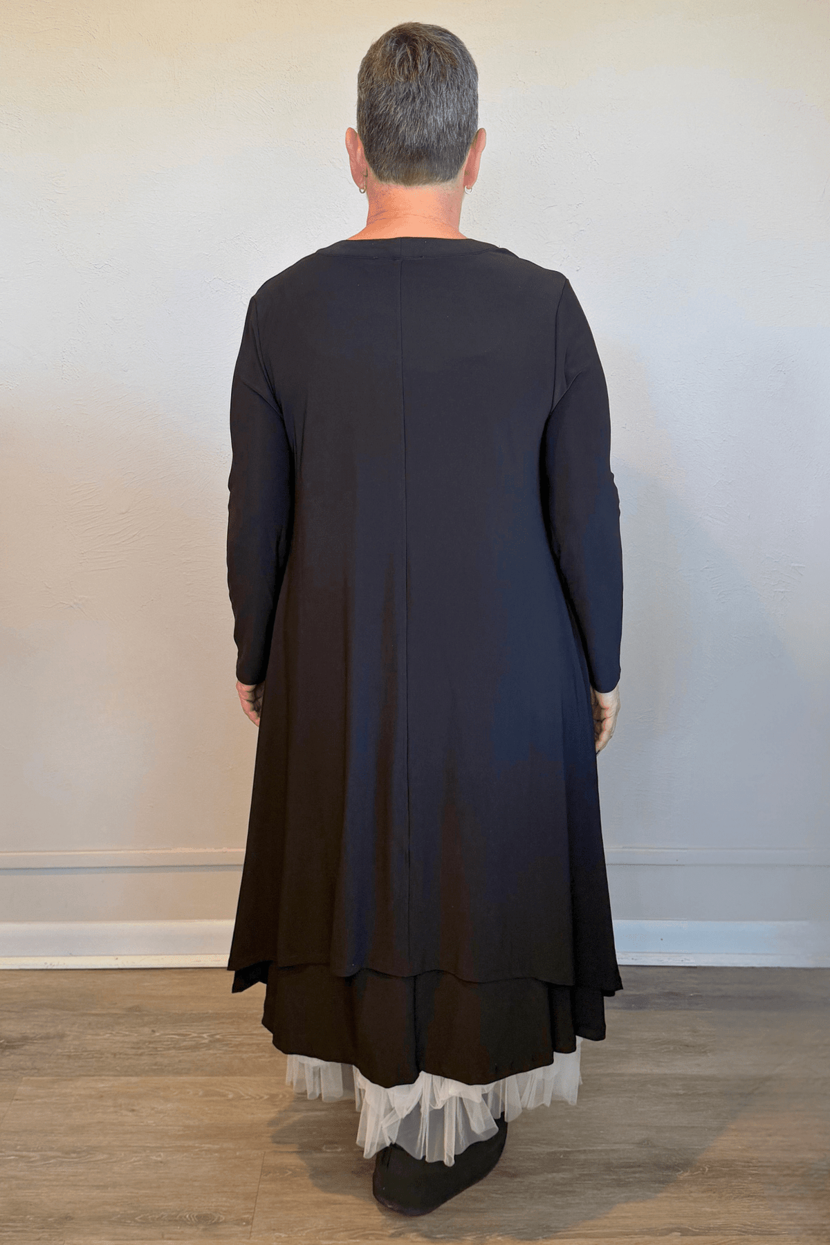 Kozan Long Tiffany Cardigan in Black, front, side and back views