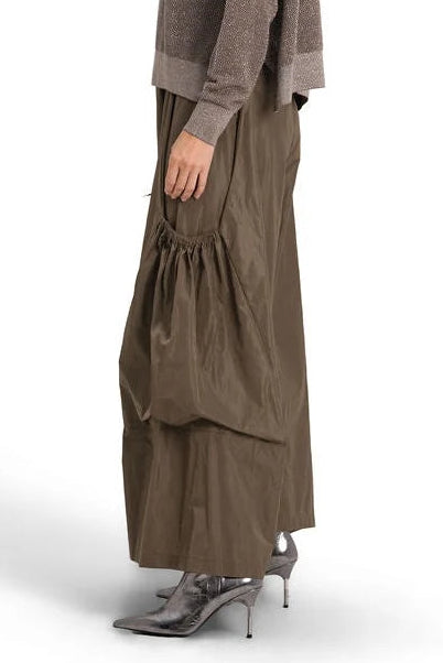 Planet 04N Big Pocket Pant in Turtle and Amethyst, with voluminous wide legs and oversized gathered pouch pockets