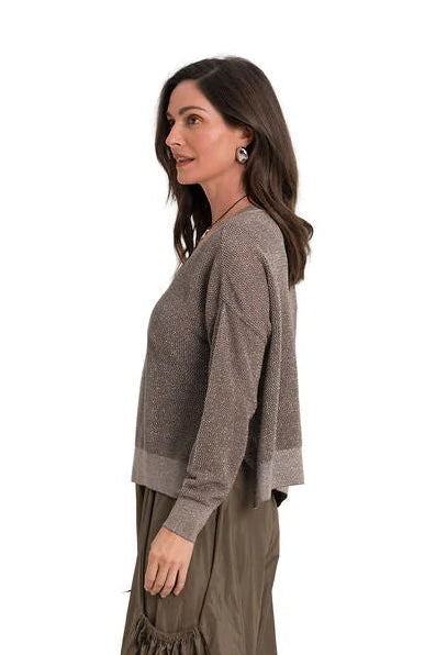Planet 721KR Metallic Seed Sweater in Turtle/Silver with fine metallic seed-stitch knit and relaxed silhouette