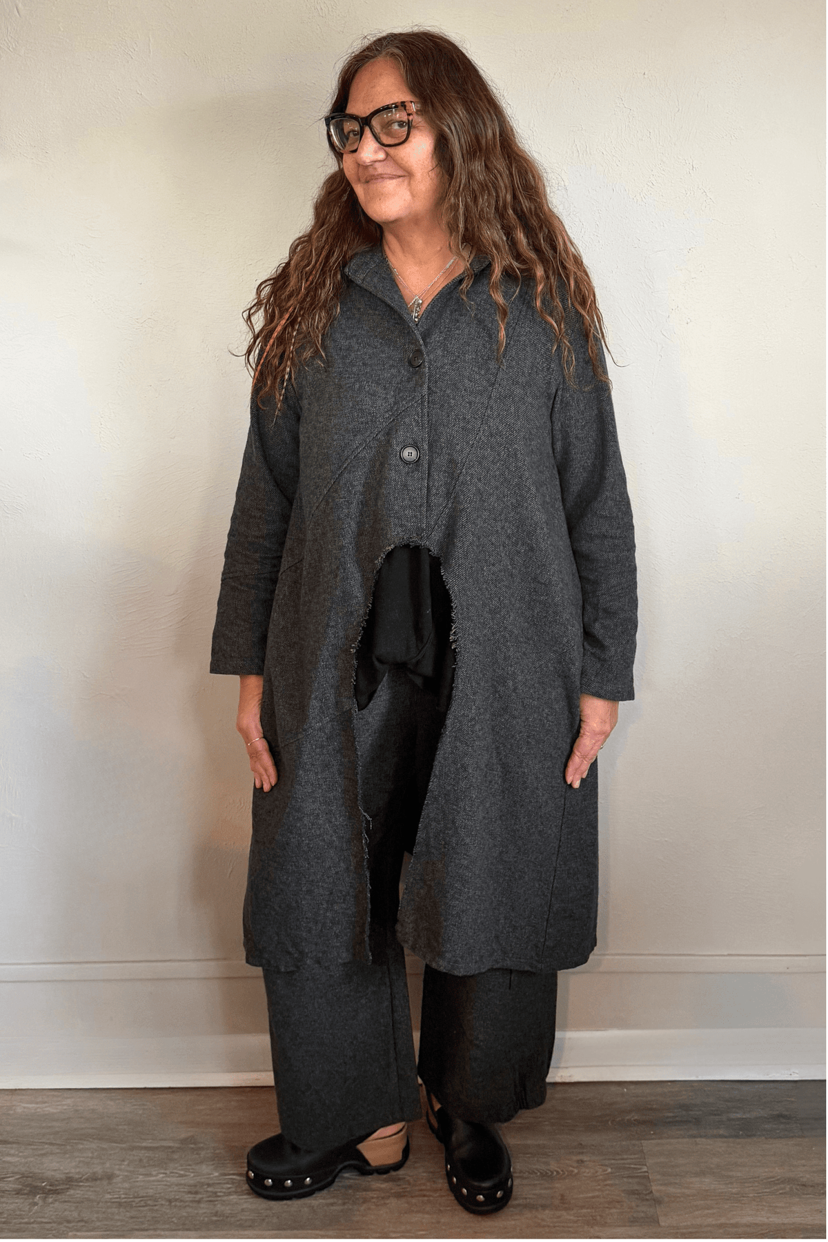 Bodil Collection AN2345 Long Tweed Jacket in charcoal grey showing front, side, and back views
